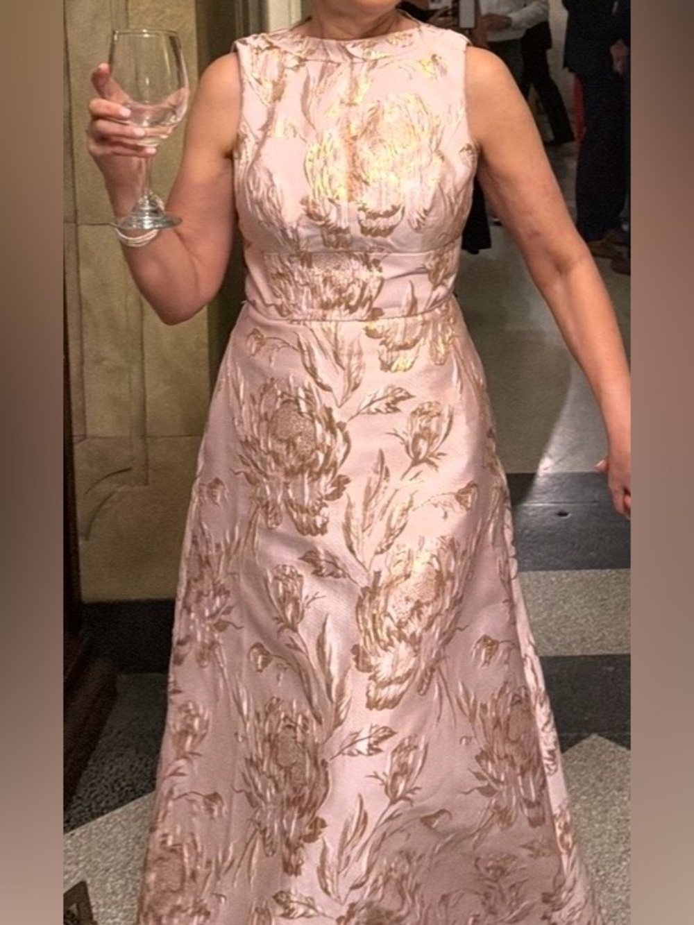 Kay Unger Sleeveless Pink and Gold Floral brocade Evening Dress - formal